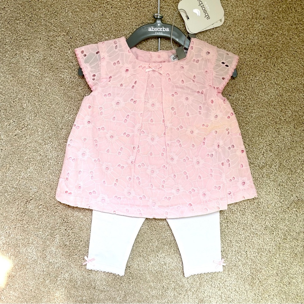 ABSORBA 0-3 Baby Girl Outfit, Pink Dress White Legging. NWT